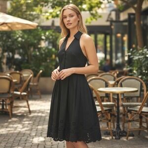 VTG Spenser Jeremy Women Dress 14 Black‎ Halter Eyelet Whimsigoth Cottagecore